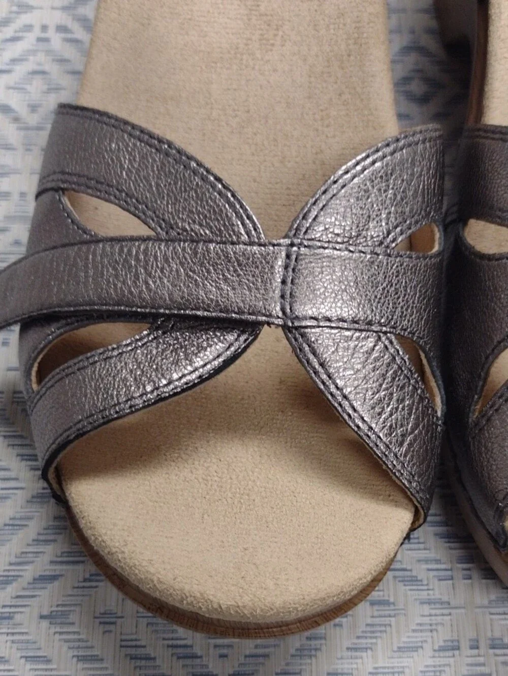 Dansko Silver Leather Wedge Sandals with Wood-Look Heel